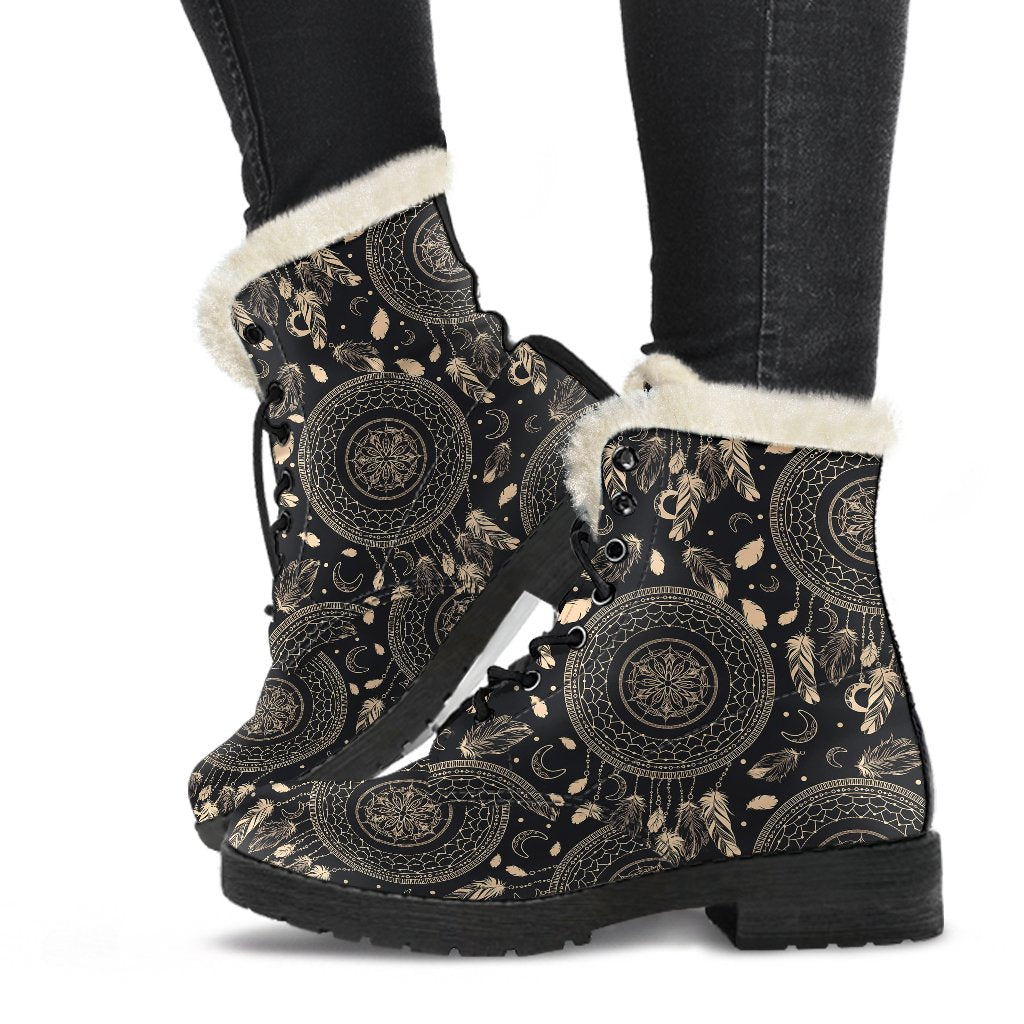 Dream Catcher Mandala Boho Moon Faux Fur Leather Boots-JTAMIGO.COM
