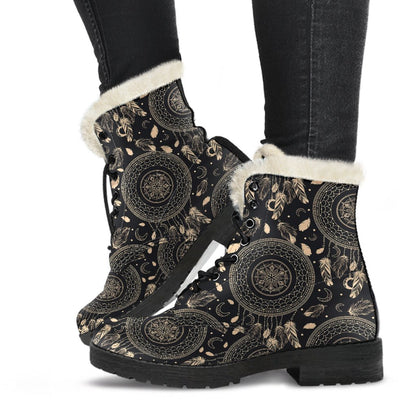 Dream Catcher Mandala Boho Moon Faux Fur Leather Boots-JTAMIGO.COM