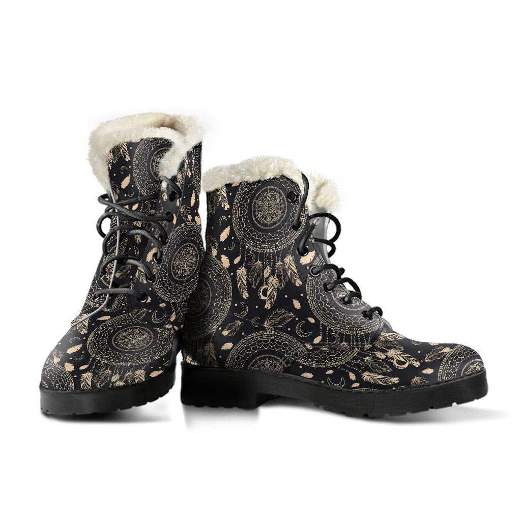 Dream Catcher Mandala Boho Moon Faux Fur Leather Boots-JTAMIGO.COM