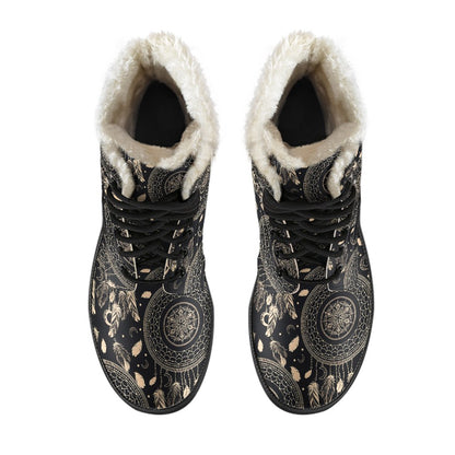 Dream Catcher Mandala Boho Moon Faux Fur Leather Boots-JTAMIGO.COM