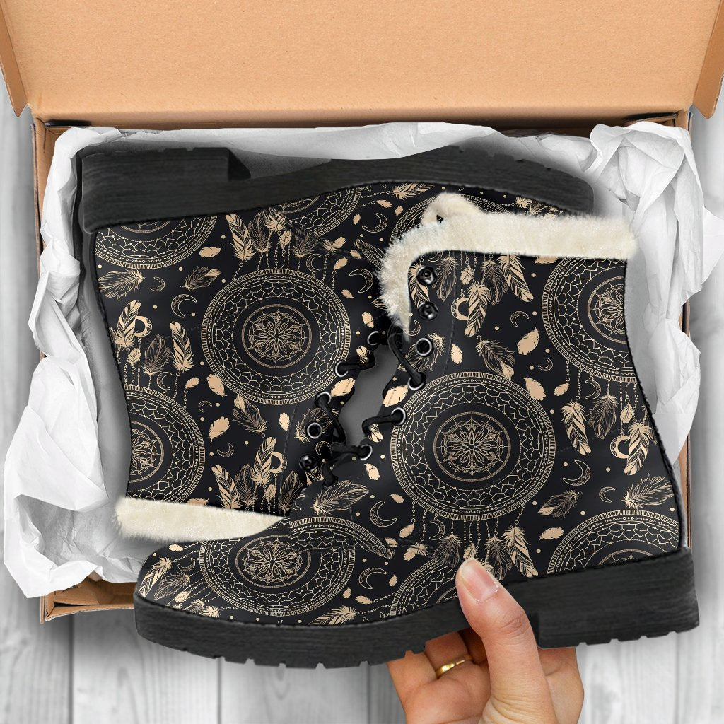 Dream Catcher Mandala Boho Moon Faux Fur Leather Boots-JTAMIGO.COM