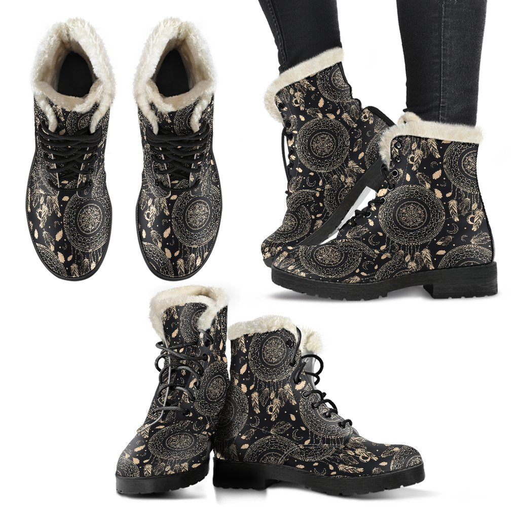 Dream Catcher Mandala Boho Moon Faux Fur Leather Boots-JTAMIGO.COM