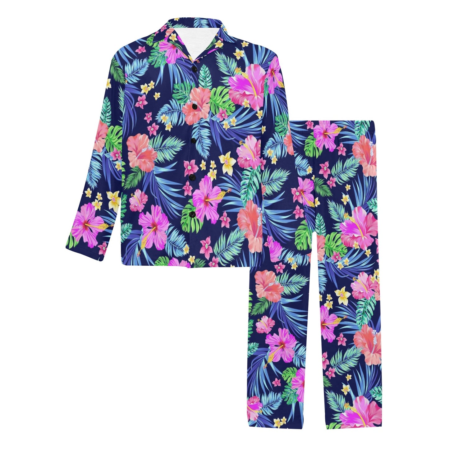 Neon Hibiscus Pattern Print Design HB016 Men's Long Pajama Set