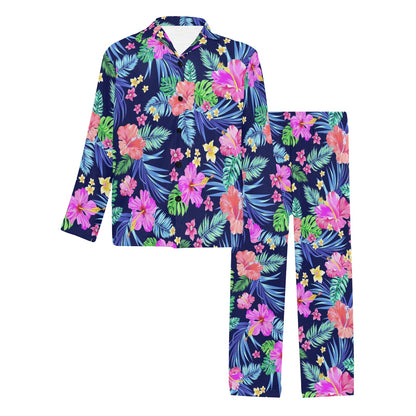 Neon Hibiscus Pattern Print Design HB016 Men's Long Pajama Set