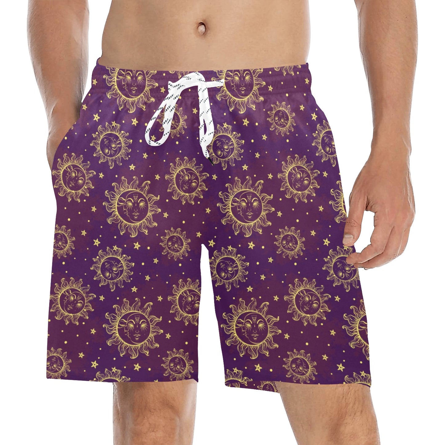 Sun Moon Star Design Themed Print Men's Swim Trunks Beach Shorts