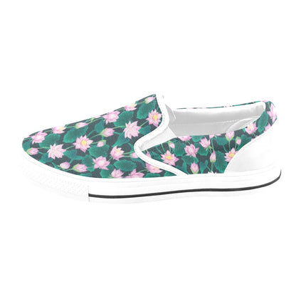 Water Lily Print Design LKS302 White Slip Ons Canvas Women's Shoes
