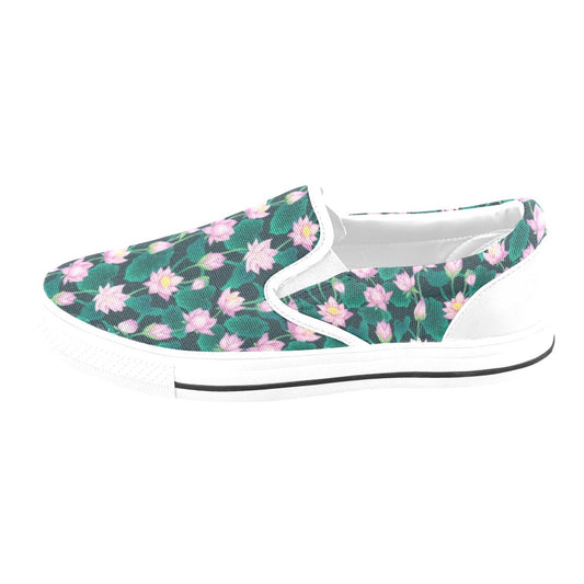 Water Lily Print Design LKS302 White Slip Ons Canvas Women's Shoes