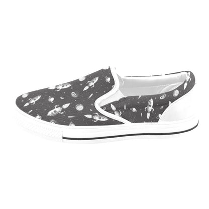 Space Rocket Print Design LKS303 White Slip Ons Canvas Women's Shoes