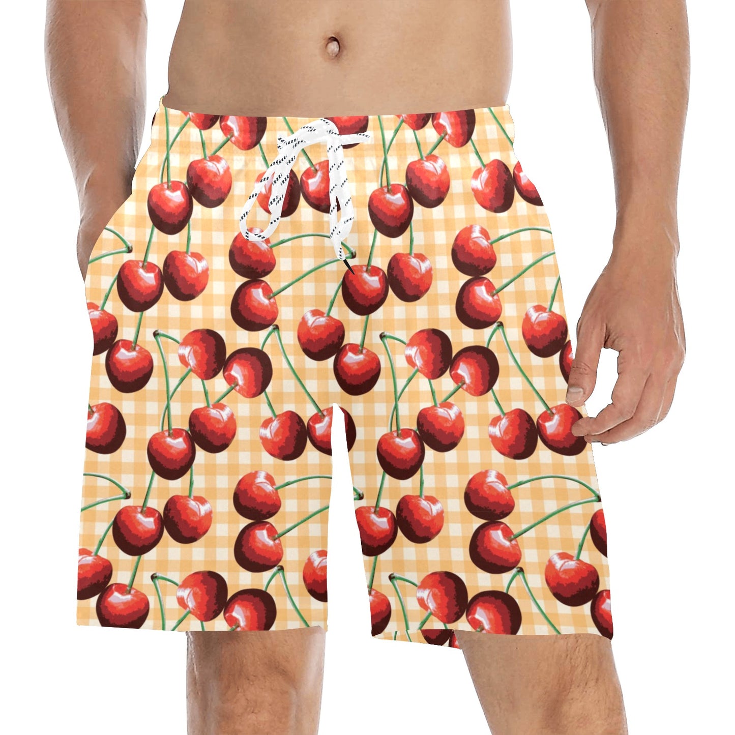Cherry Orange Plaid Print Men's Swim Trunks Beach Shorts