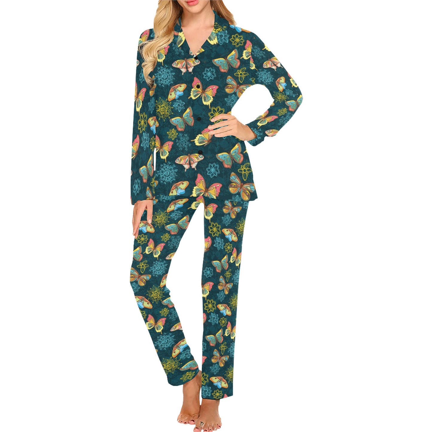 Butterfly Hand Draw Print Pattern Women's Long Pajama Set