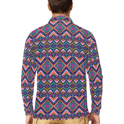 Indian Navajo Pink Themed Design Print Long Sleeve Polo Shirt For Men's