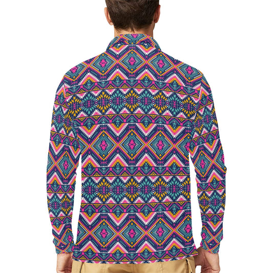Indian Navajo Pink Themed Design Print Long Sleeve Polo Shirt For Men's