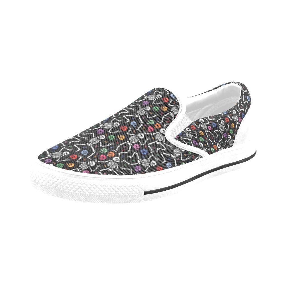 Skeleton Print Design LKS307 White Slip Ons Canvas Women's Shoes