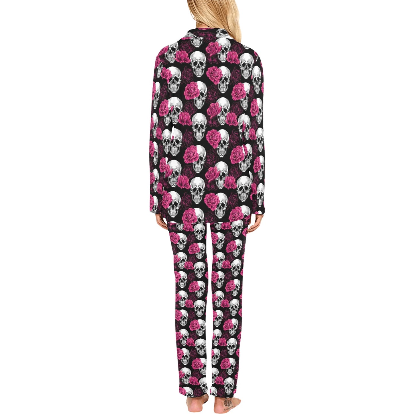 Pink Rose Skull Themed Print Women's Long Pajama Set