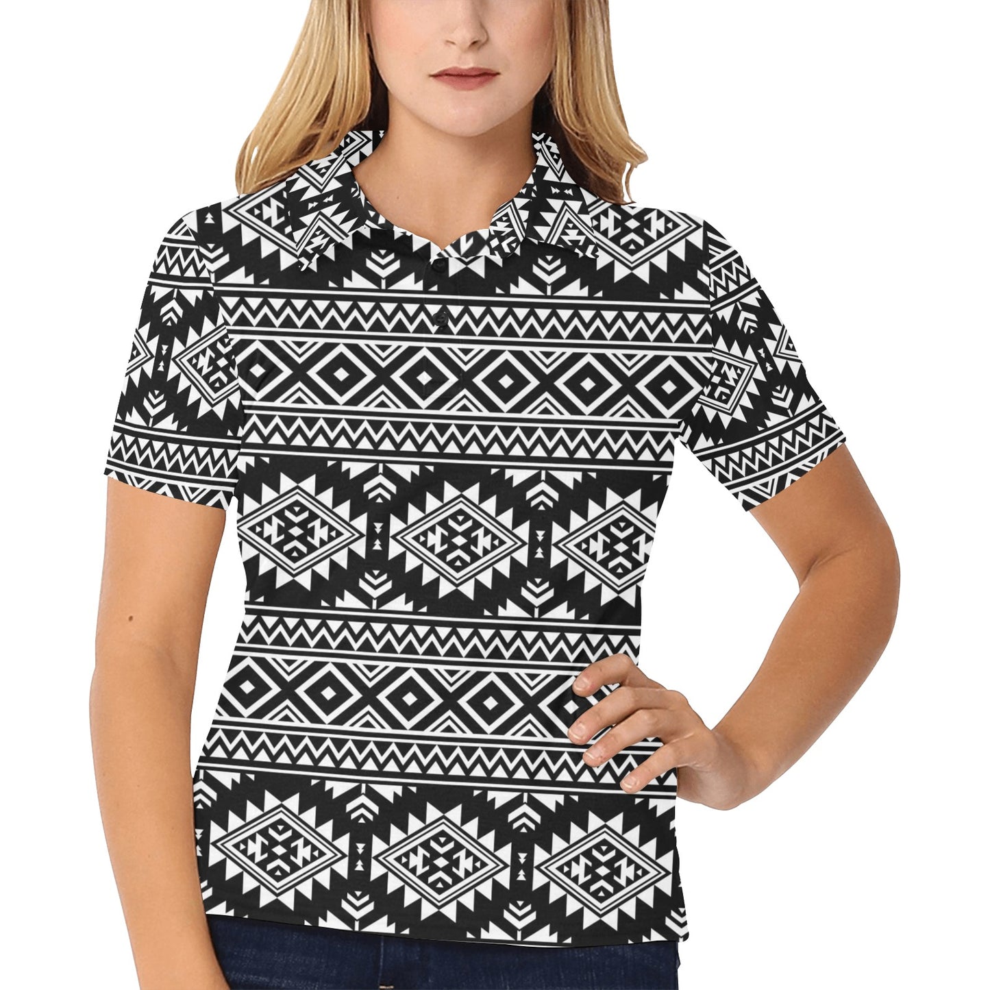Aztec Black White Print Pattern Women's Polo Shirt