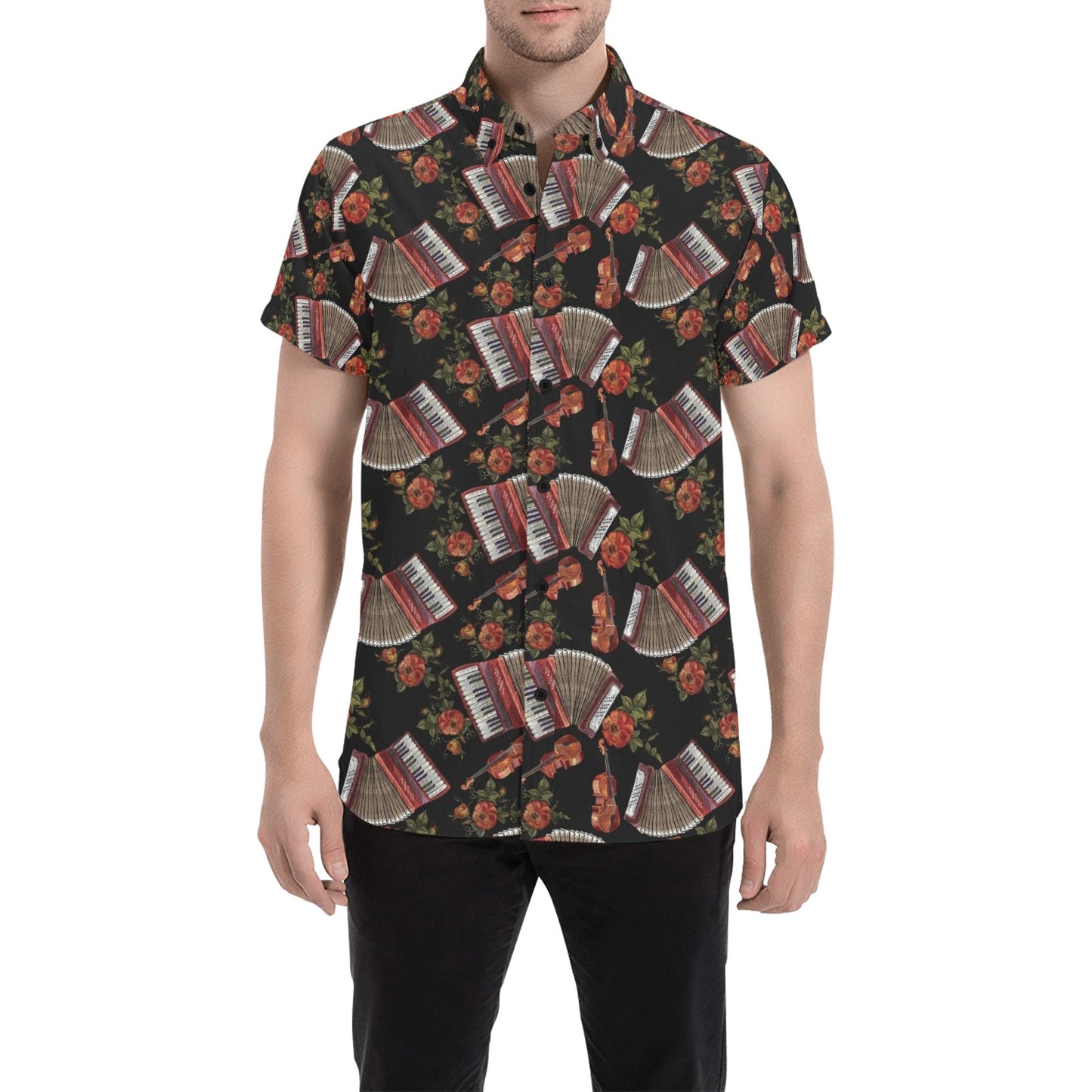 Accordion Print Design LKS403 Men Short Sleeve Button Up Shirt