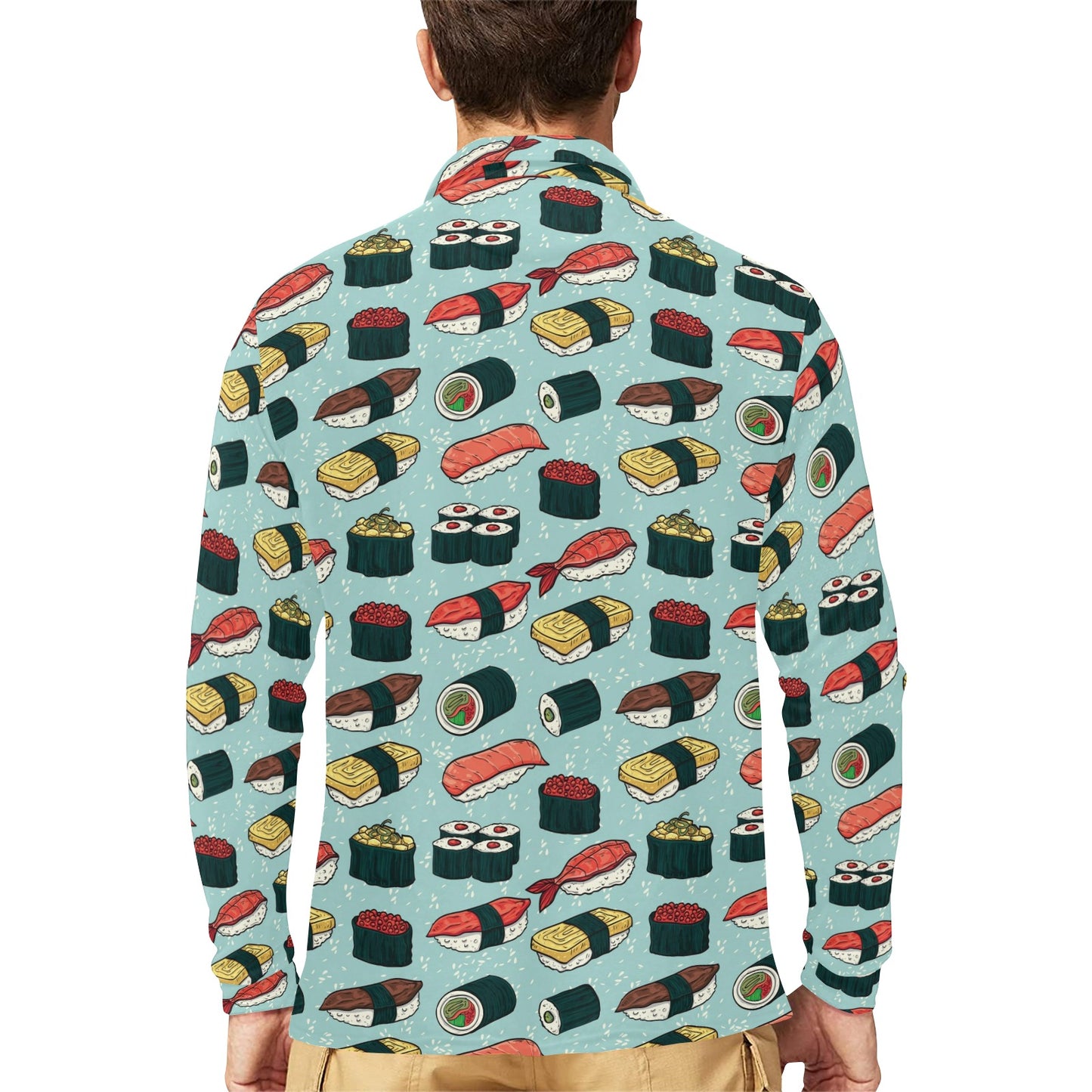 Sushi Pattern Design Long Sleeve Polo Shirt For Men's