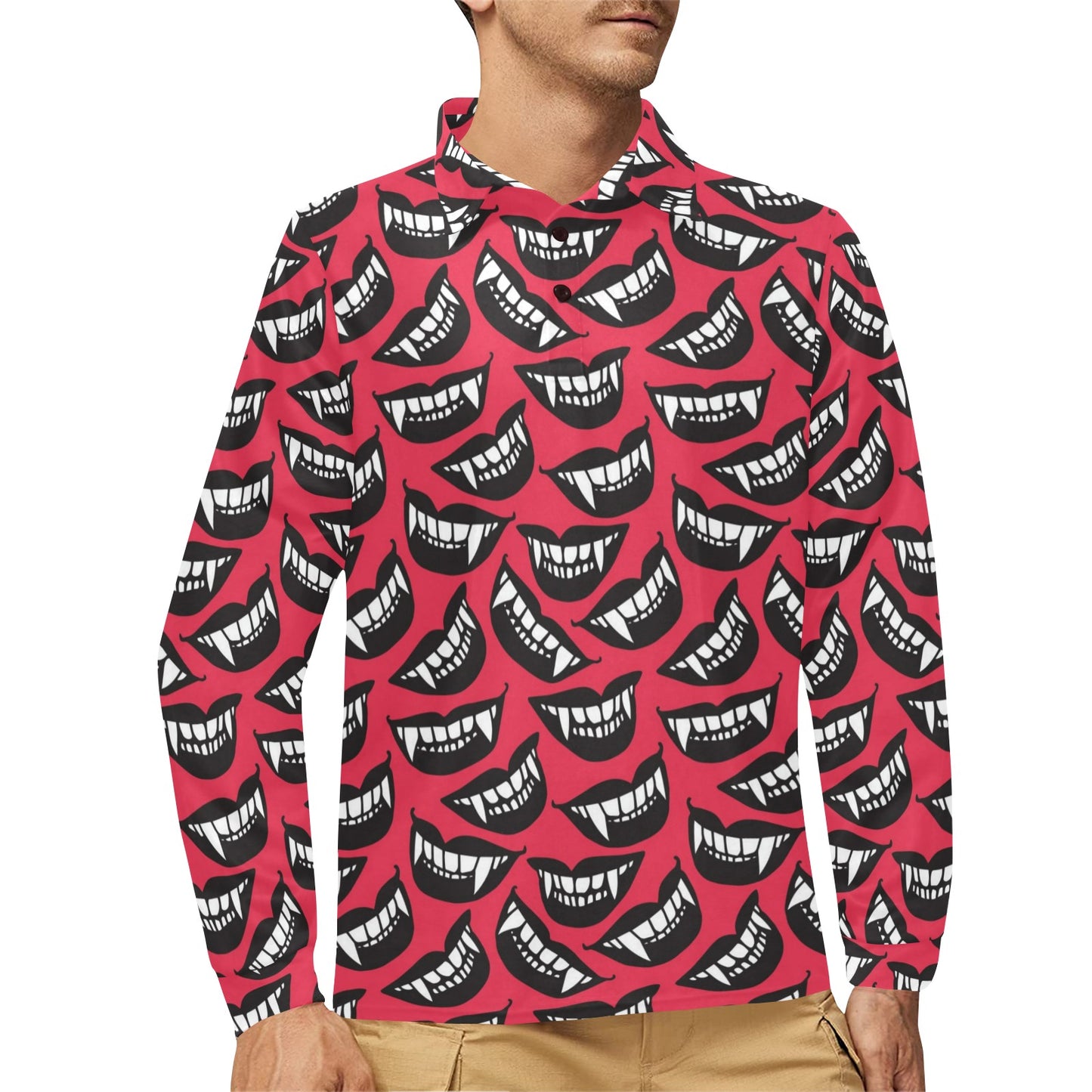 Vampire Lips Print Design LKS305 Long Sleeve Polo Shirt For Men's