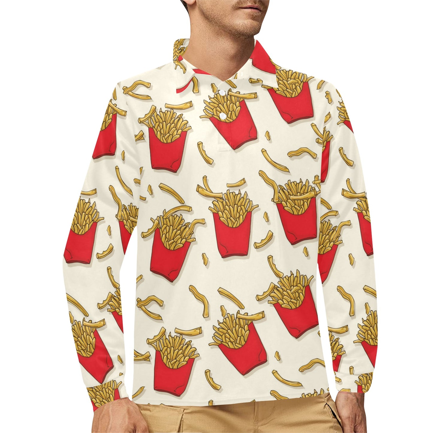 French Fried Pattern Print Design 01 Long Sleeve Polo Shirt For Men's