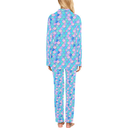 Mermaid Scales Pastel Pattern Print Design 07 Women's Long Pajama Set