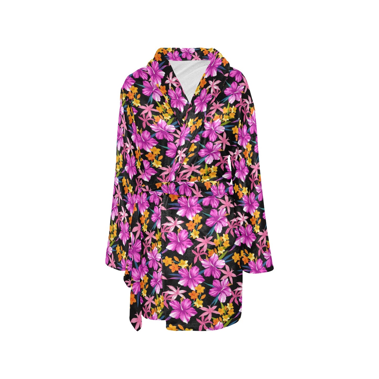 Tropical Folower Pink Hibiscus Print Women's Fleece Robe