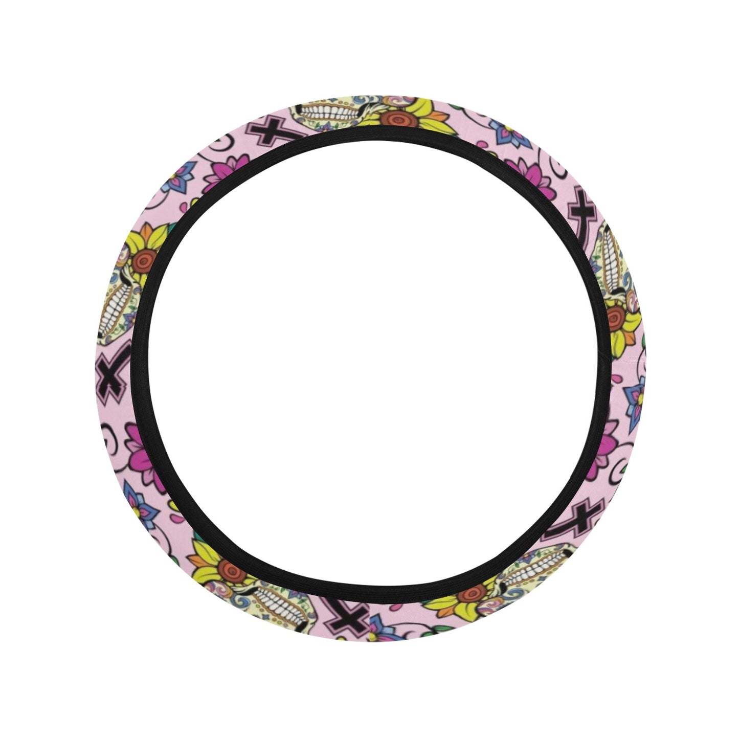 Sugar Skull Print Design LKS307 Steering Wheel Cover with Elastic Edge