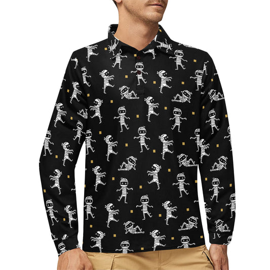 Mummy Cute Print Design LKS301 Long Sleeve Polo Shirt For Men's