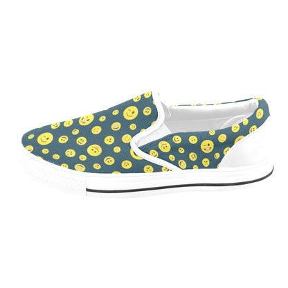 Smiley Face Emoji Print Design LKS301 White Slip Ons Canvas Women's Shoes