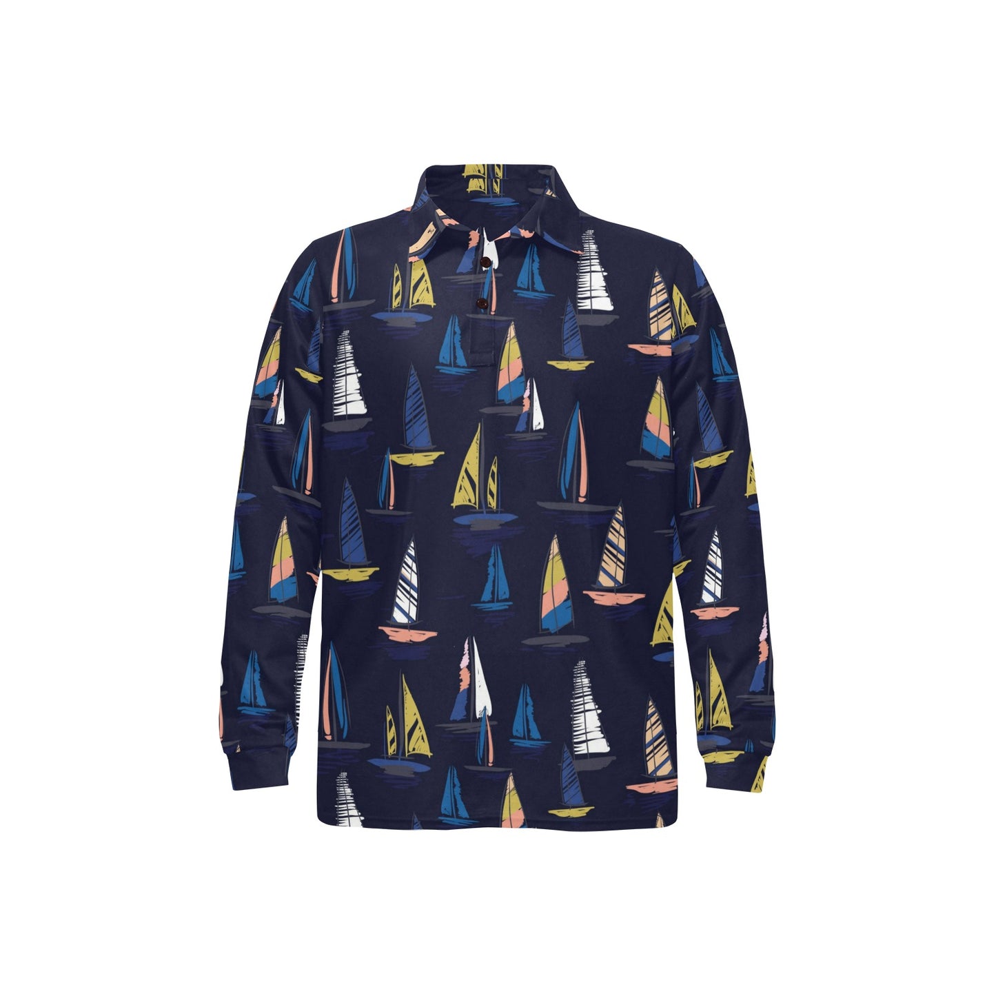 Sailing Ships Pattern Print Design A03 Long Sleeve Polo Shirt For Men's