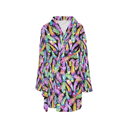 Neon Feather Pattern Print Design A02 Women's Fleece Robe