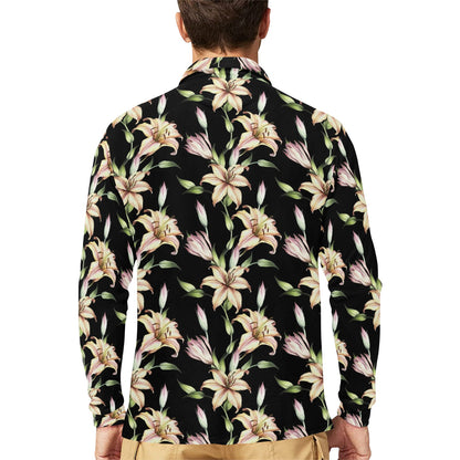 Lily Pattern Print Design LY05 Long Sleeve Polo Shirt For Men's