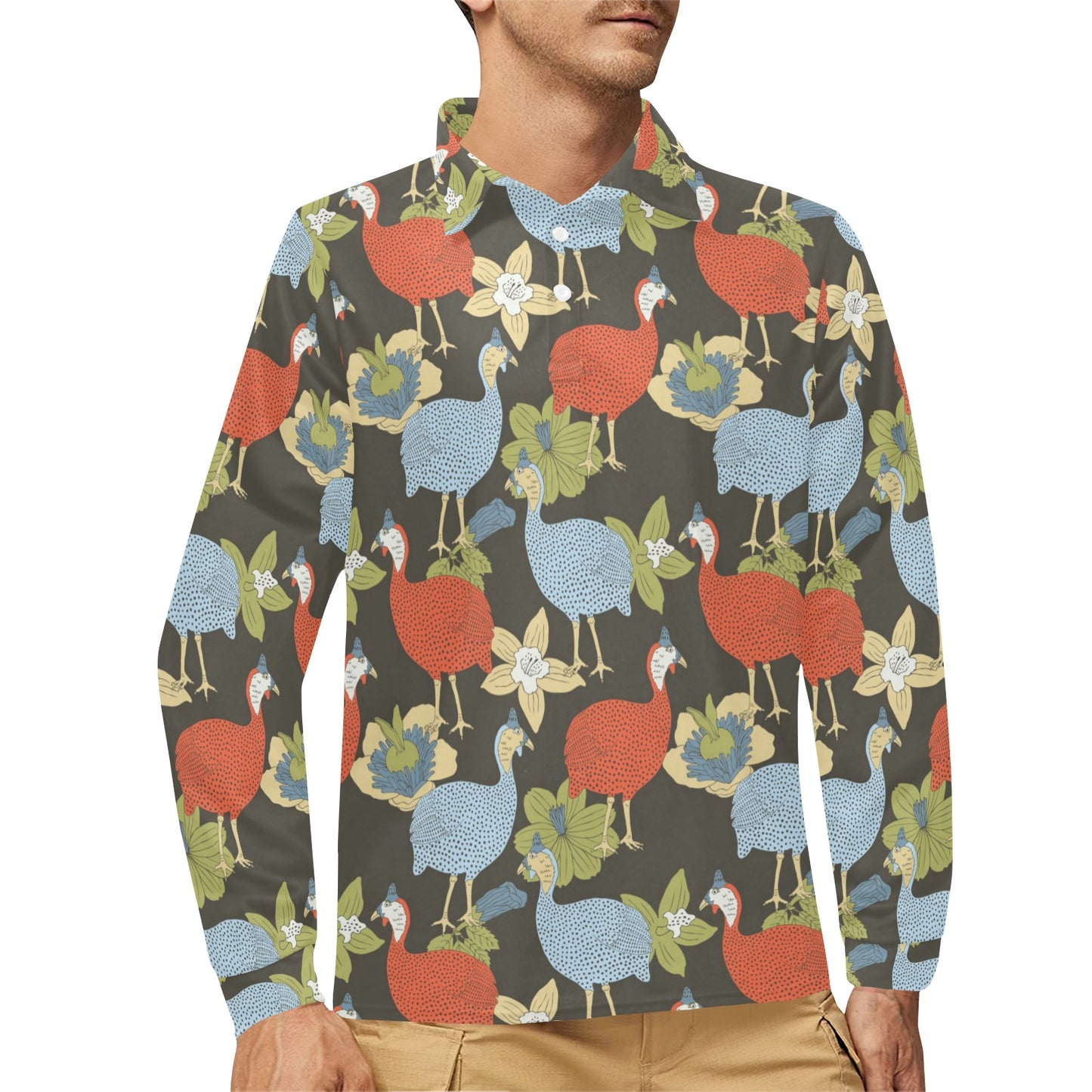 Guinea Fowl Pattern Print Design 02 Long Sleeve Polo Shirt For Men's