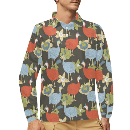 Guinea Fowl Pattern Print Design 02 Long Sleeve Polo Shirt For Men's