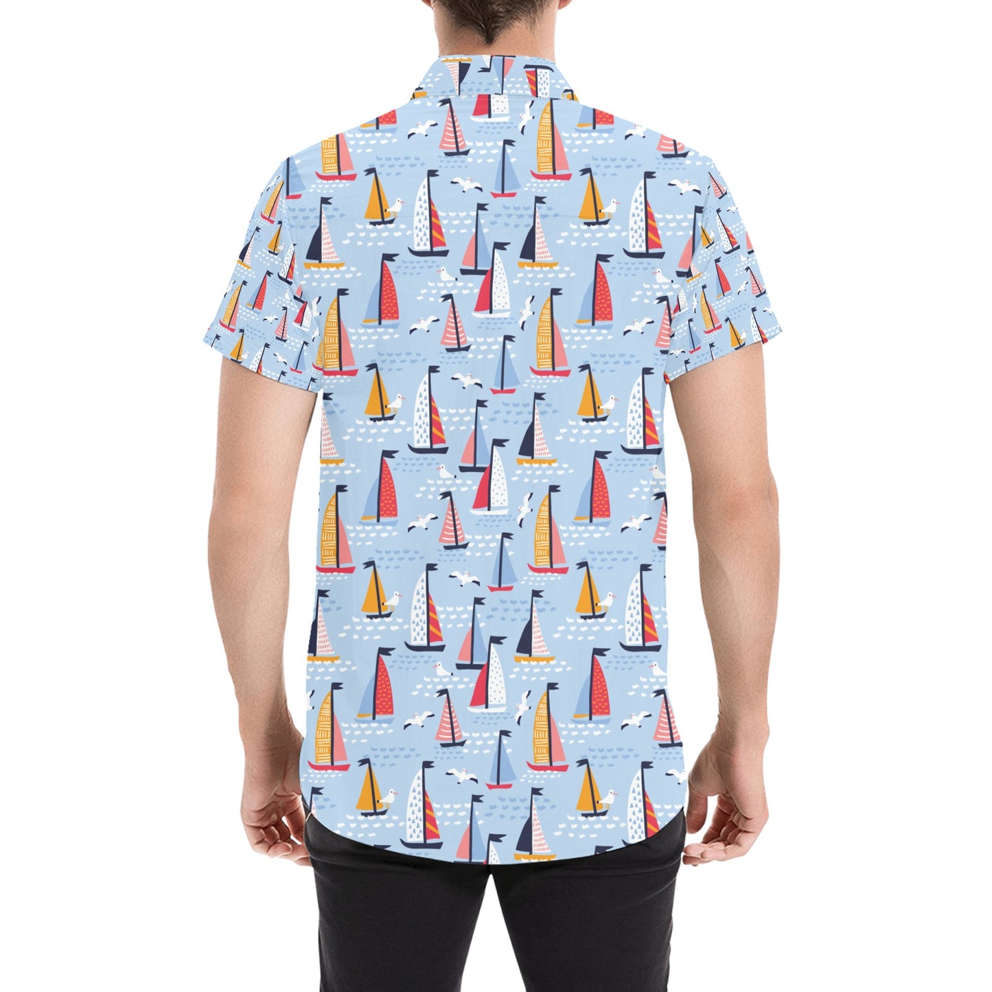 Sailboat Print Design LKS304 Men Short Sleeve Button Up Shirt