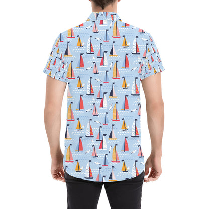 Sailboat Print Design LKS304 Men Short Sleeve Button Up Shirt