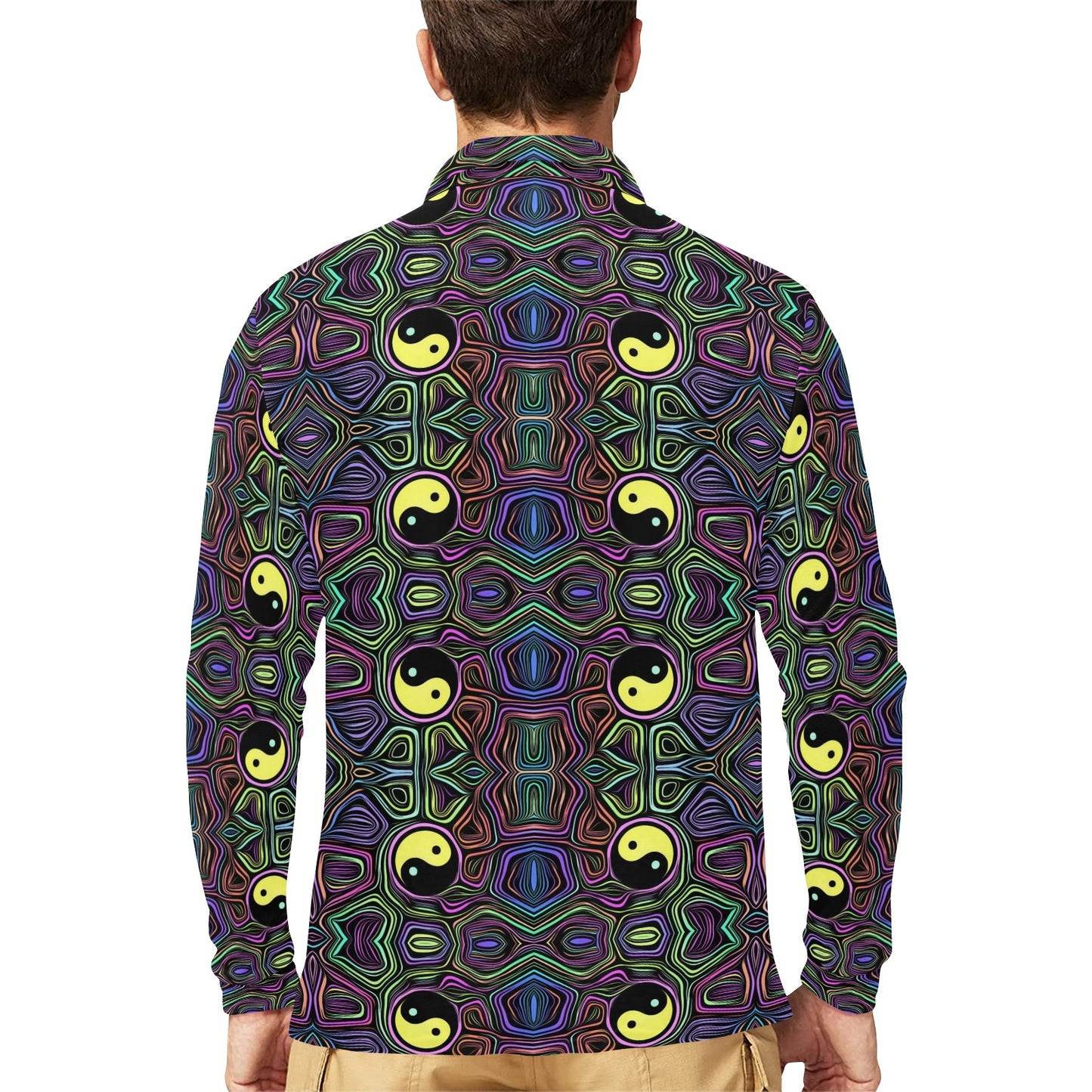 Yin Yang Neon Color Design Print Long Sleeve Polo Shirt For Men's