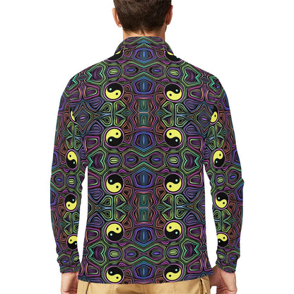 Yin Yang Neon Color Design Print Long Sleeve Polo Shirt For Men's