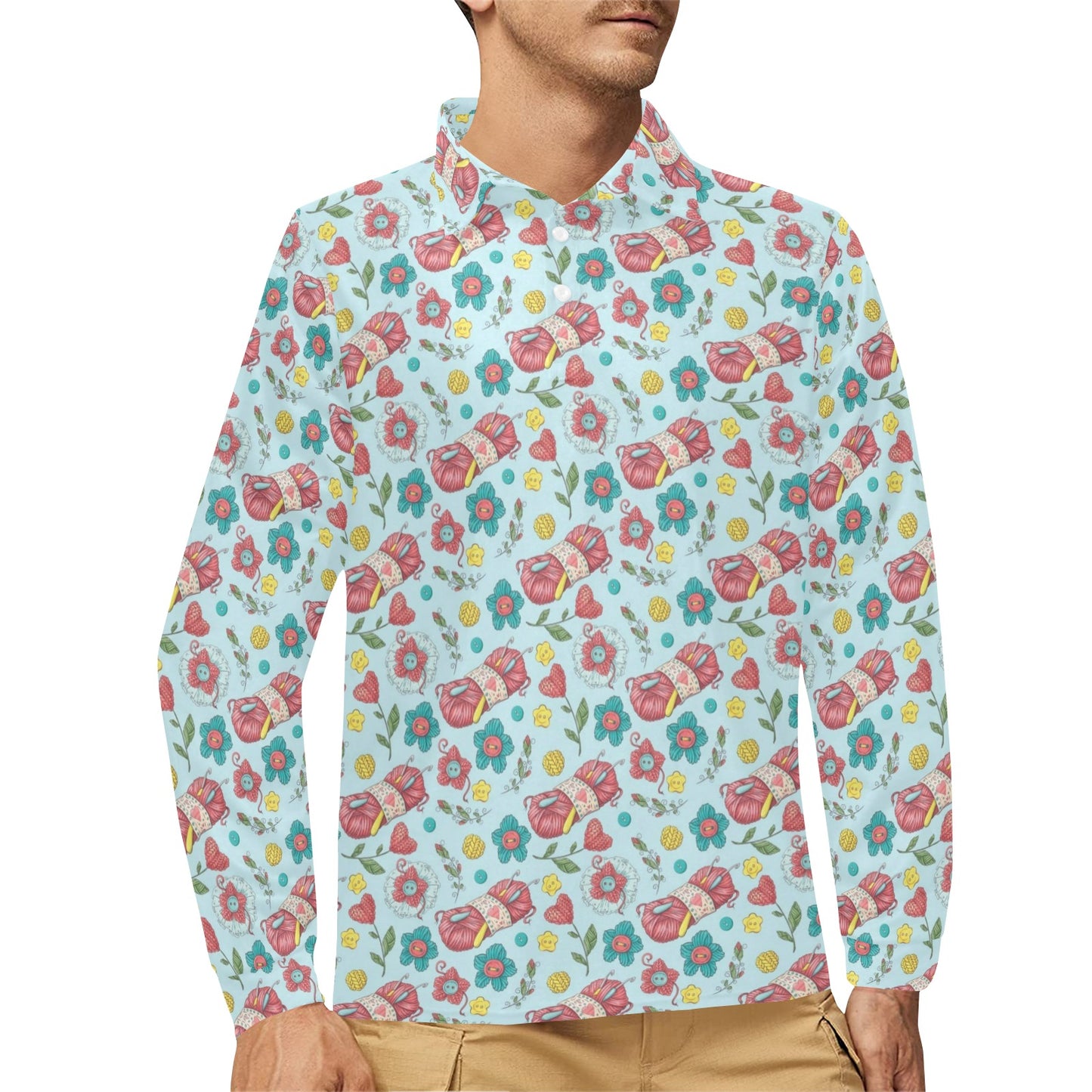 Crochet Pattern Print Design 01 Long Sleeve Polo Shirt For Men's