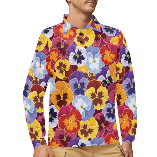 Pansy Pattern Print Design PS01 Long Sleeve Polo Shirt For Men's