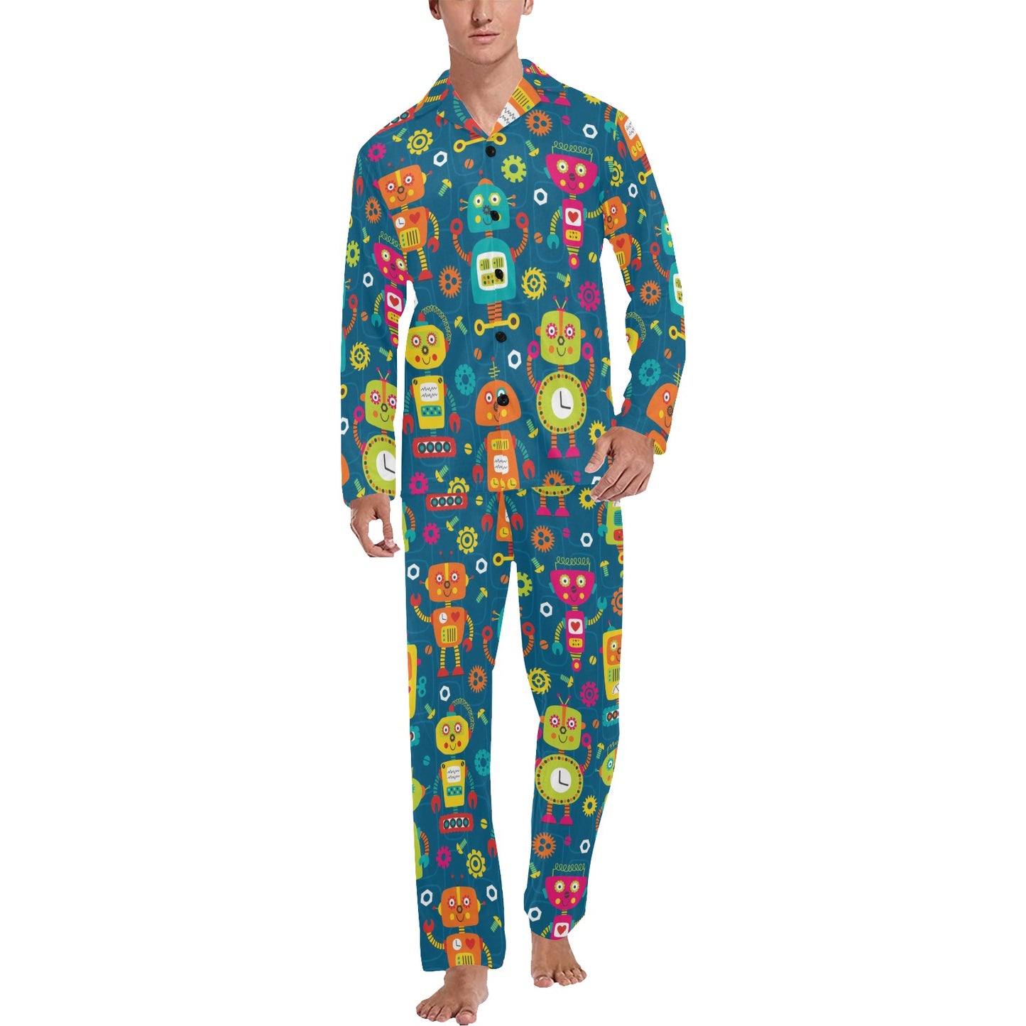 Robot Pattern Print Design A04 Men's Long Pajama Set