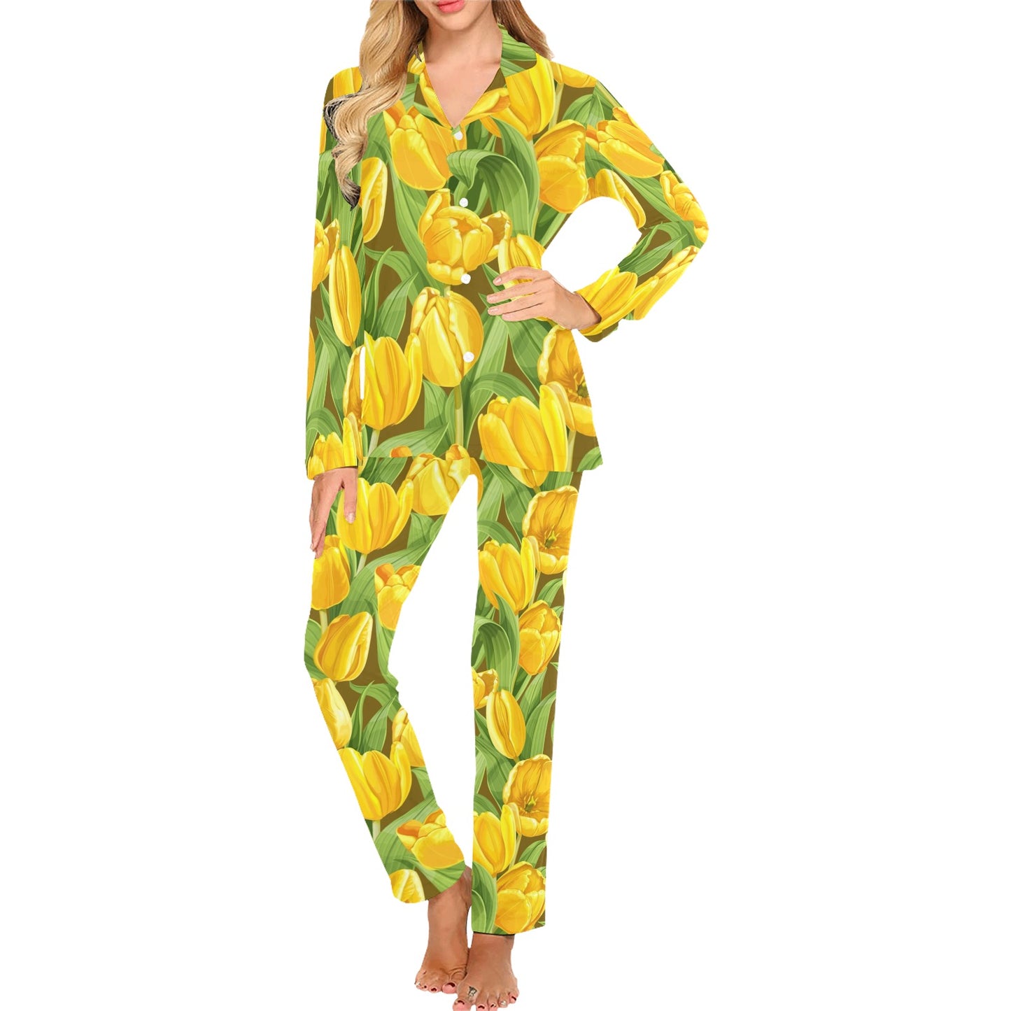 Tulip Yellow Pattern Print Design TP010 Women's Long Pajama Set