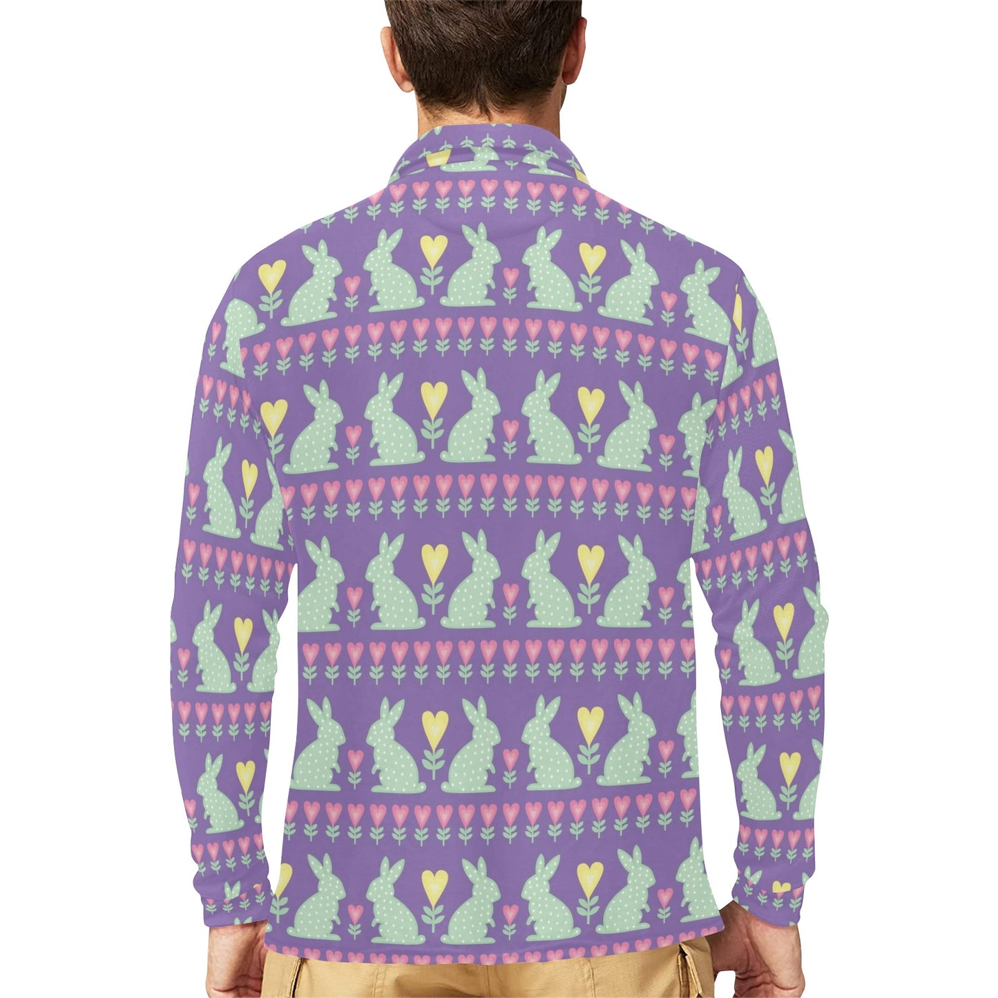 Rabbit Pattern Print Design RB01 Long Sleeve Polo Shirt For Men's
