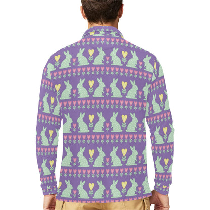 Rabbit Pattern Print Design RB01 Long Sleeve Polo Shirt For Men's