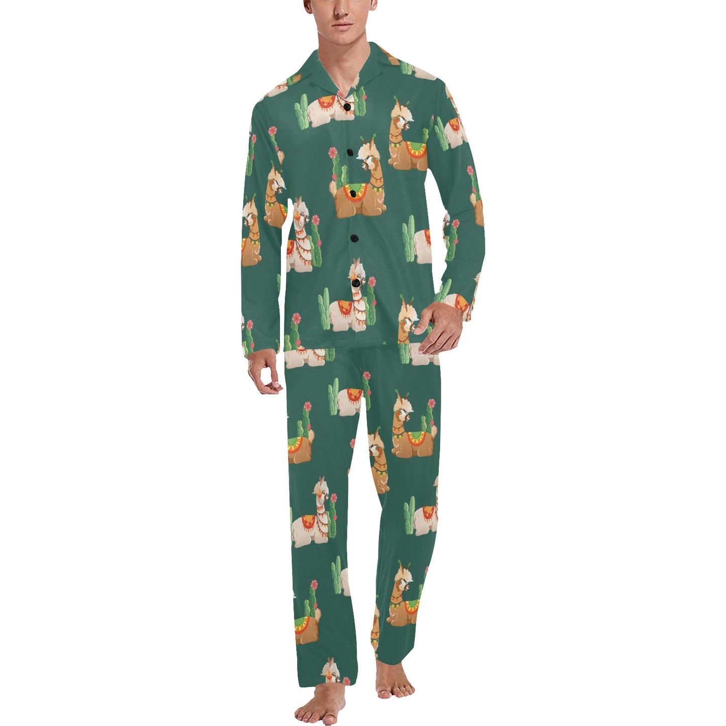 Llama Cactus Pattern Print Design 07 Men's Long Pajama Set