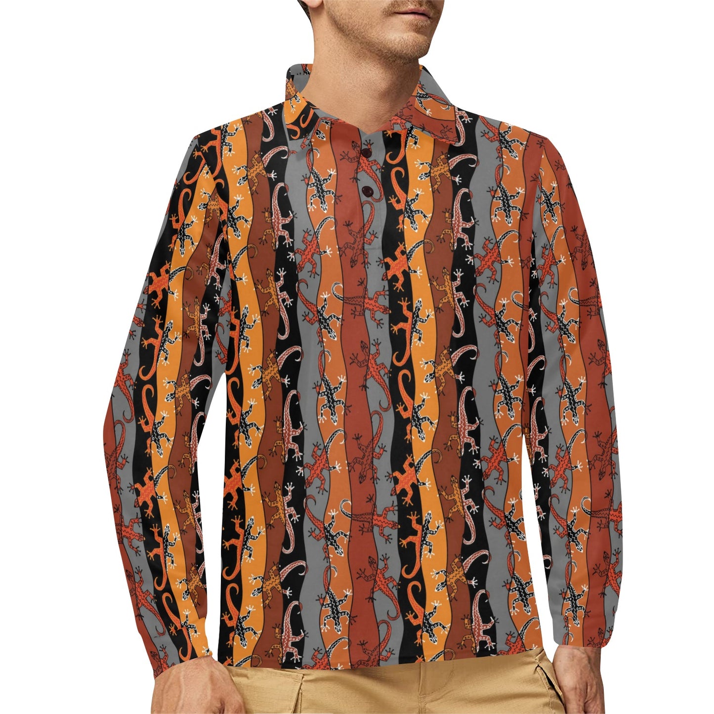 lizard Print Design LKS403 Long Sleeve Polo Shirt For Men's