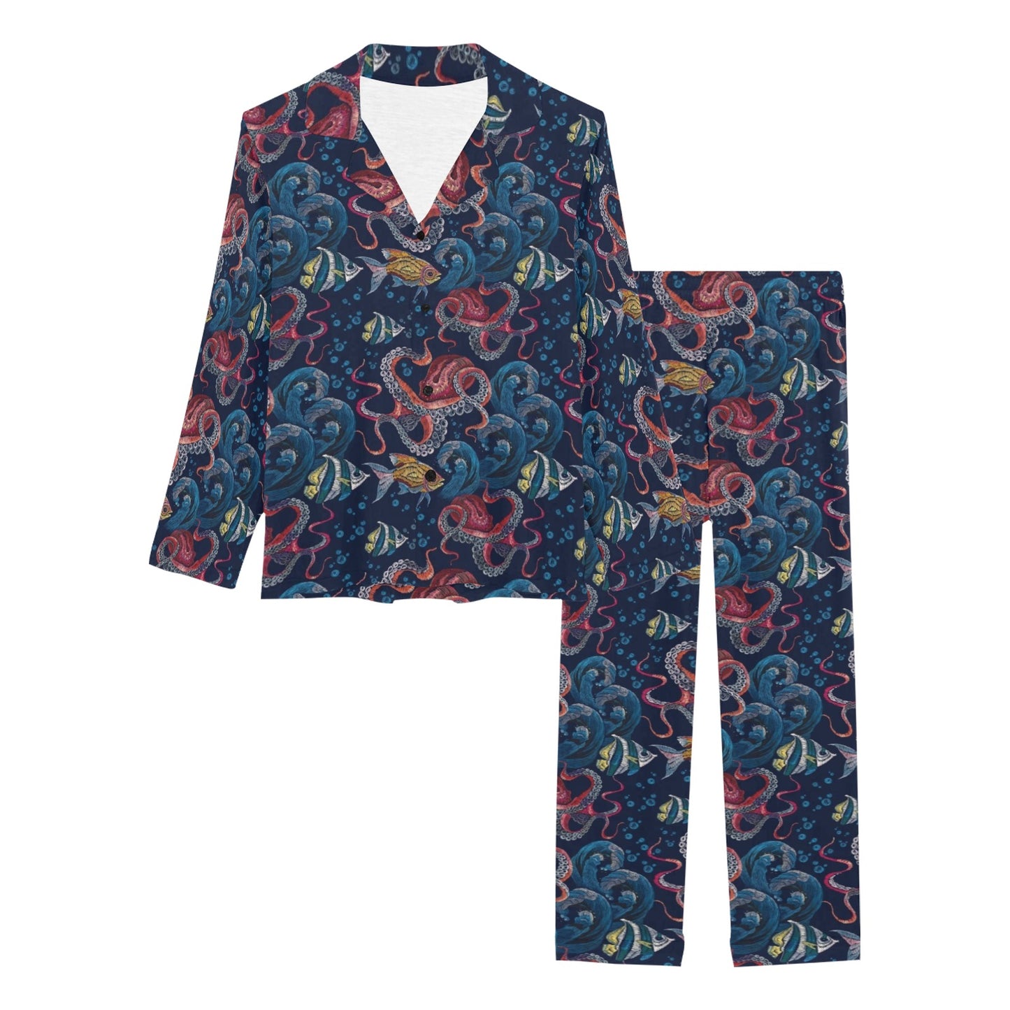 Octopus Deep Sea Print Themed Women's Long Pajama Set