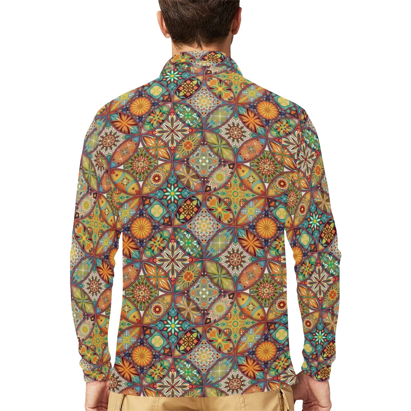 Mandala Flower Themed Design Print Long Sleeve Polo Shirt For Men's