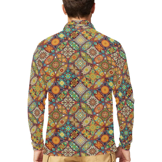 Mandala Flower Themed Design Print Long Sleeve Polo Shirt For Men's