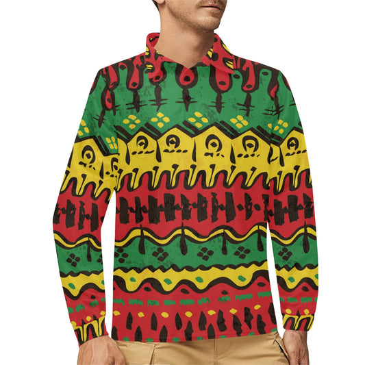 Rasta Pattern Print Design A01 Long Sleeve Polo Shirt For Men's