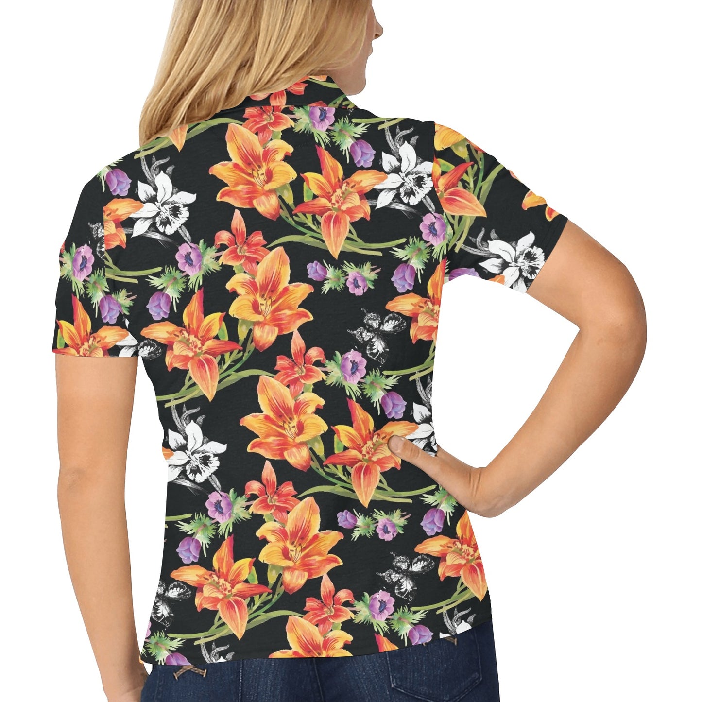 Tropical Flower Pattern Print Design TF02 Women's Polo Shirt